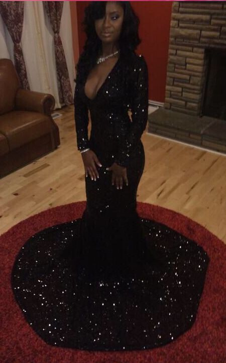 Black Prom Dresses Long Sleeves Sequins Deep V Neck Court Train Sexy Evening Gowns  cg5580