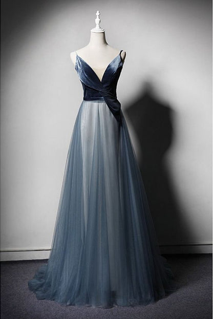New Design Blue Tulle Velvet Long V Neck Senior Prom Dress  cg5584