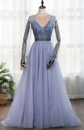 Dusty Blue Long Sleeves Deep V-neck Beaded Pearl Prom Dress, Formal Dress cg5588