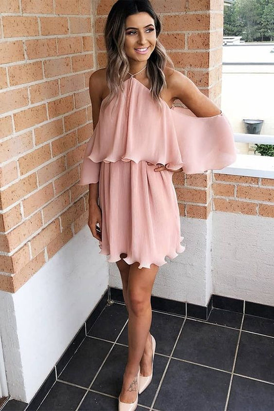 A-Line Halter Blush Chiffon Short Party Homecoming Dress with Ruffles cg5600