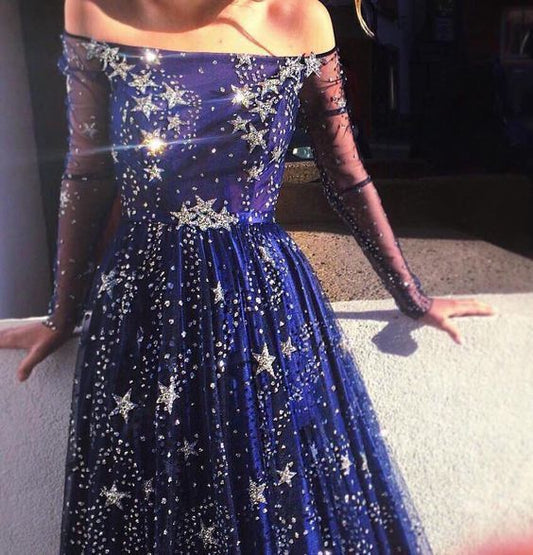 Navy blue star prom dress ,fashion dress  cg5605