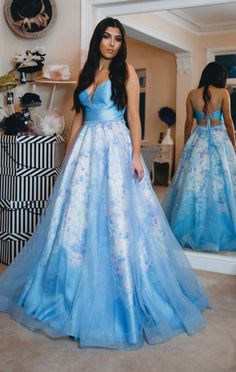 Sexy Straps Tulle Blue Appliques Prom Dress, Long Evening Party Dress  cg5618