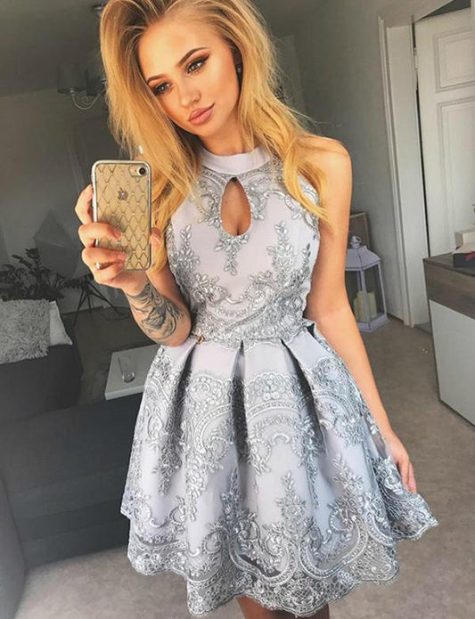 Keyhole Short Gray Homecoming Cocktail Dress With Appliques  cg563