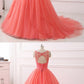 Coral Tulle Layered long Quinceanera Dress, Beaded Formal Prom Dress  cg5630
