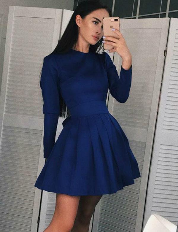 Fashion A-Line Jewel Long Sleeves Navy Blue Short Homecoming Dresses cg565