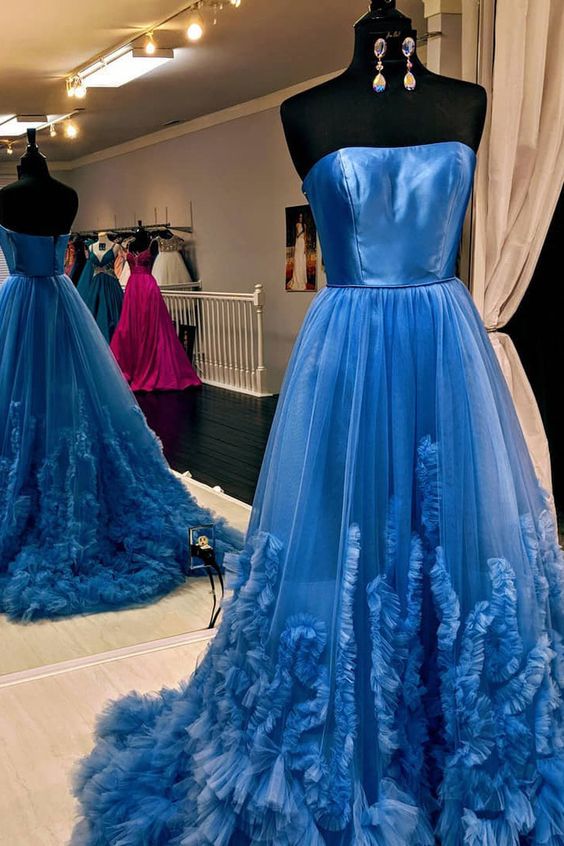 A-Line Strapless Blue Long Prom Dress with Appliques, Elegant Evening Dress   cg5662