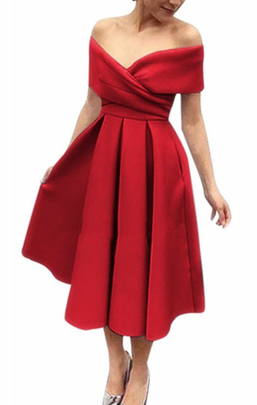 Schlichtes rotes Satin-Schulterfreies V-Ausschnitt Brautjungfern-Ballkleid, kurzes Partykleid cg5677