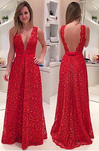 A-Line Deep V-Neck Illusion Back Long Red Lace Prom Dress with Sash cg ...