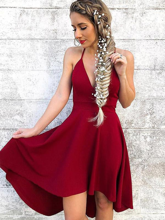 A-Line Deep V-Neck Spaghetti Straps Dark Red Homecoming Dresses  cg573