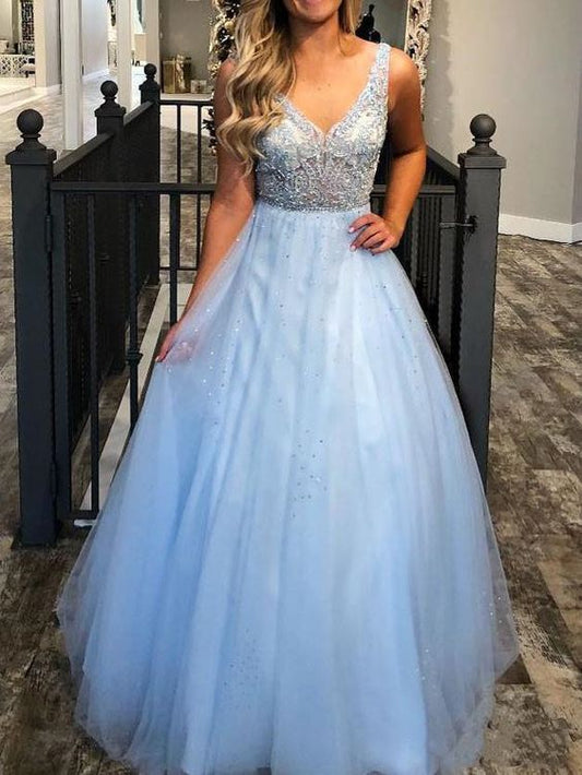 Elegant V neck Blue Tulle Prom Dress, Blue Evening Dress  cg5737