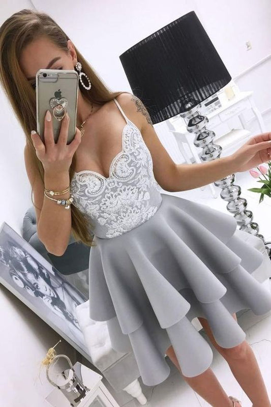 Gray lace short homecoming dress gray lace cocktail dress  cg5743