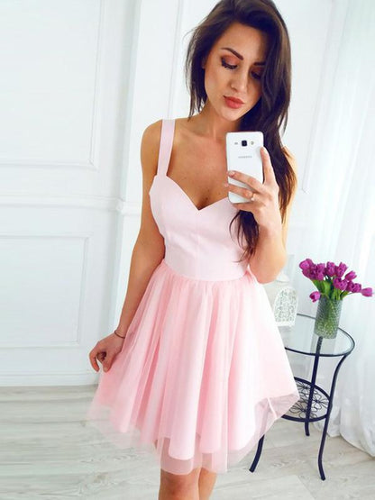 A-Line Two Straps Sweetheart Pink Tulle Cheap Homecoming Dresses cg577