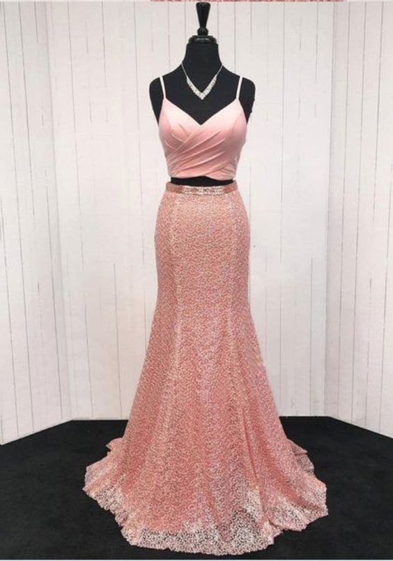 Pink lace V neck spaghetti straps two piece long mermaid prom dress  cg5783