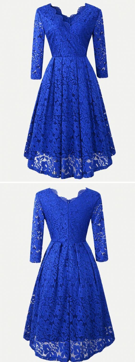 Lace 3/4 Sleeve Royal Blue Homecoming Dress, Short Homecoming Dresses  cg5789