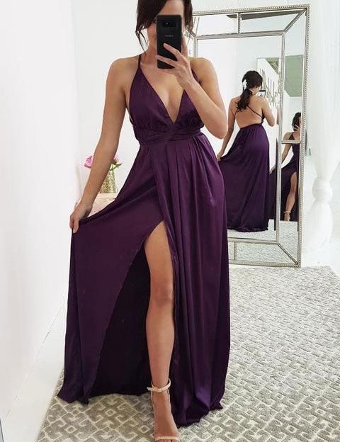 Sexy Split Side Long Purple Prom Dresses  cg5812