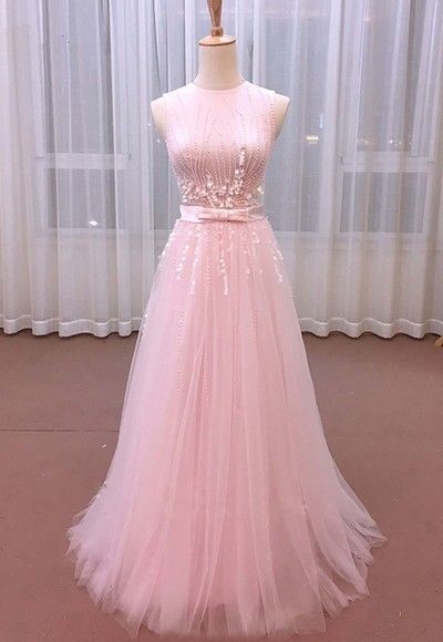 Pink Tulle Sequins Long Sweet Prom Dress  cg5819
