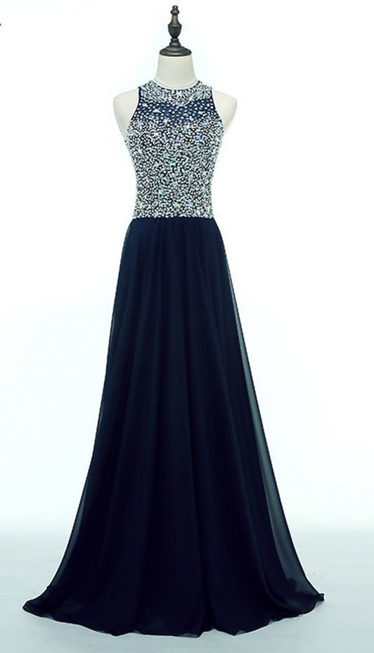 Chiffon O-neck Long Evening Dress Party Elegant Navy Blue Beads Vintage Prom Dress  cg5846