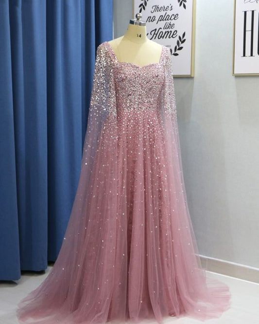 Rosa Tüll-Abendkleid mit offenem Rücken und langen Ärmeln und Pailletten, formelles Ballkleid cg5853
