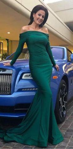 Cheap Green Off Shoulder Long Sleeve Mermaid Modest Elegant Popular Prom Dresses  cg5854