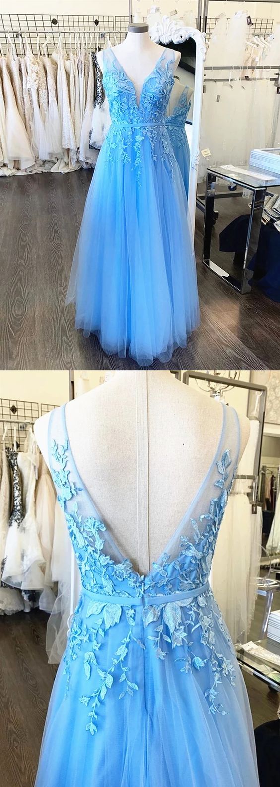 A Line V Neck Light Blue Lace Prom Dresses, V Neck Sky Blue Lace Formal Evening Dresses cg5859