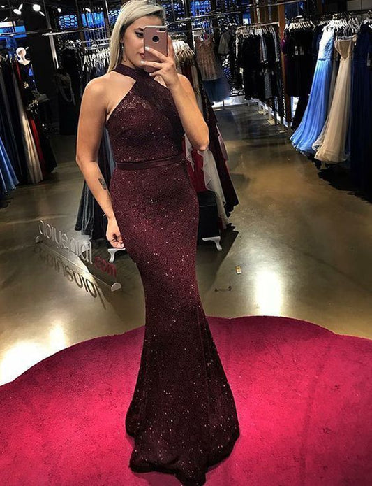 Mermaid Halter Floor Length Burgundy Lace Evening prom Dress with Beading  cg5900