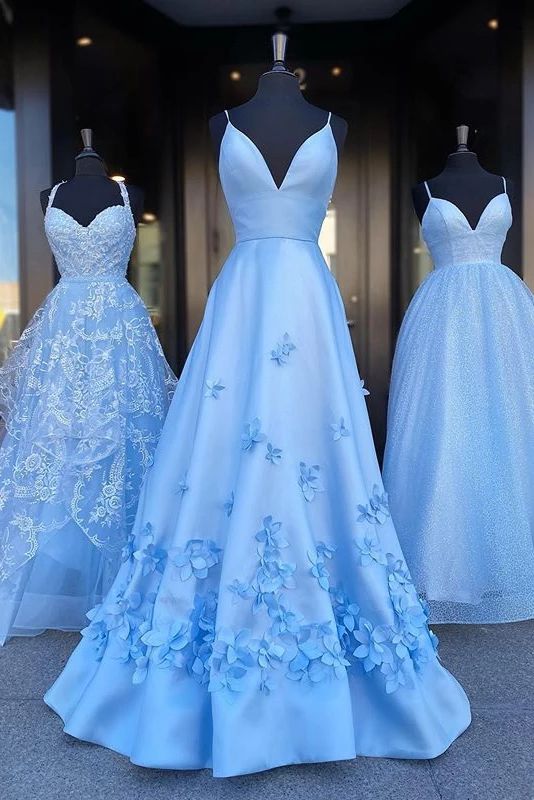 Charming Blue Spaghetti Straps V Neck Flowers Long Prom Dresses Satin Unique Formal Dresses cg5904