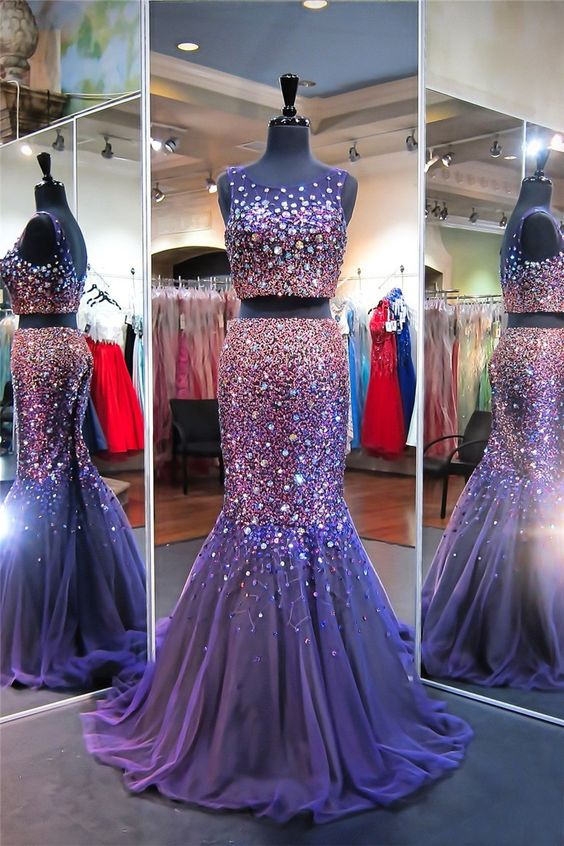 Sparkly Mermaid Scoop Neck Two Piece Purple Tulle Beaded Prom Dress  cg5913
