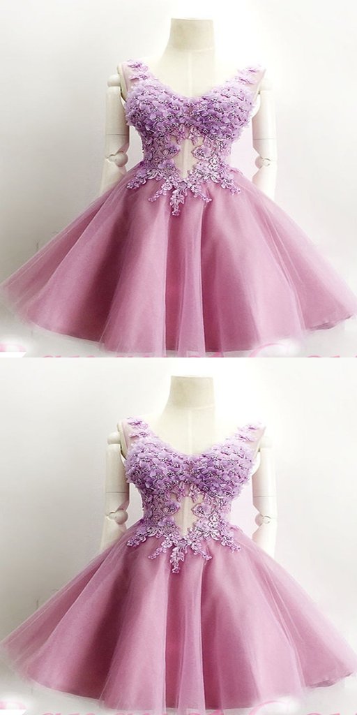 Elegant A-Line Lavender Tulle Homecoming Dresses With Scoop Neckline,Short Homecoming Dresses With Appliques cg595