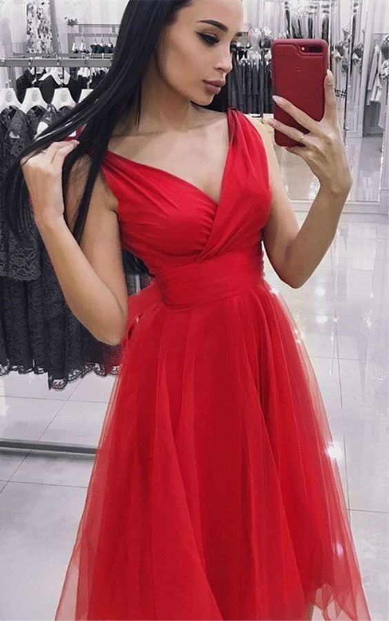 A-Line V-neck Sleeveless Tea-Length Red Homecoming Dress  cg5961