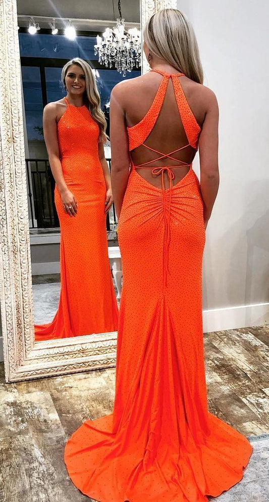 Charming Backless Orange Mermaid Evening Dress, Beaded Prom Dresses  cg5964