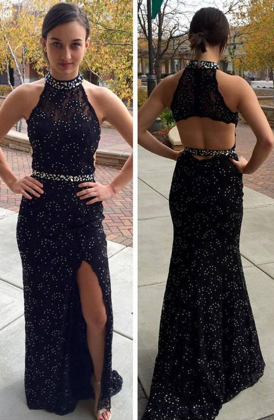 Black Prom Dress, Mermaid Beaded Prom Dresses,Sleeveless Halter Prom Dress  cg5969