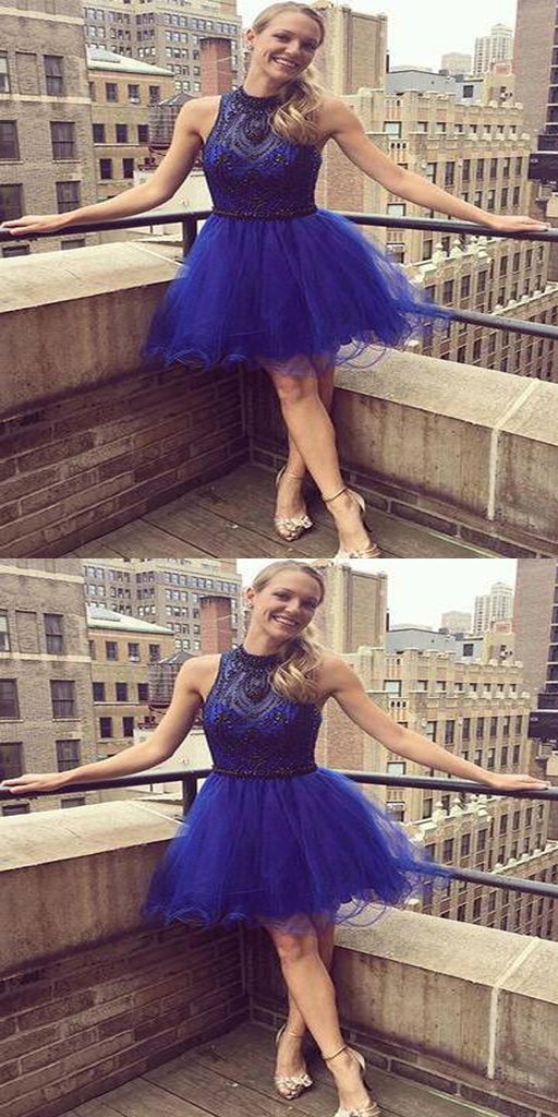 Royal Blue Short Beading Homecoming Dresses With Halter Neckline,Affordable Homecoming Dresses  cg597