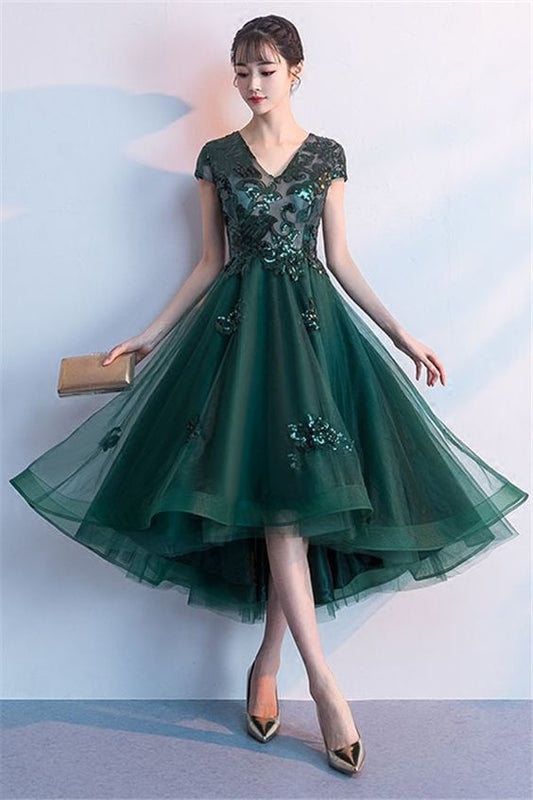 Asymmetry Cap Sleeves Appliques V-Neck Prom Dress  cg5976