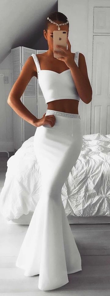 White Beaded Two-Piece Long Prom Dress   cg5990