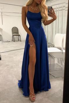 Blue Satin Scoop Long Prom Dresses High Slit Sleeveless Criss Cross Evening Dresses  cg6014