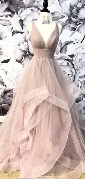 V-Neck Grey Tulle A-line Long Evening Prom Dresses, Cheap Party Custom Prom Dress  cg6021