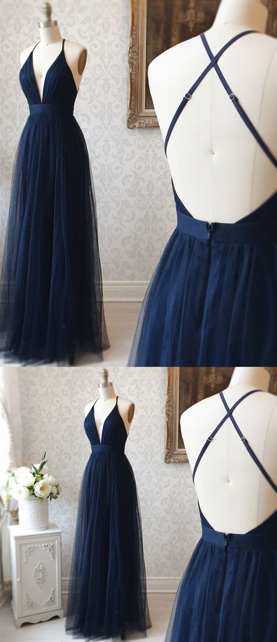 A Line V Neck Navy Blue Backless Prom Dresses, Dark Navy Blue Backless Tulle Evening Formal Dresses  cg606