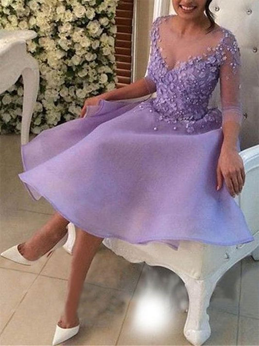 A-Line V-neck 3/4 Sleeves Knee-Length With Applique Organza prom Dresses  cg6076