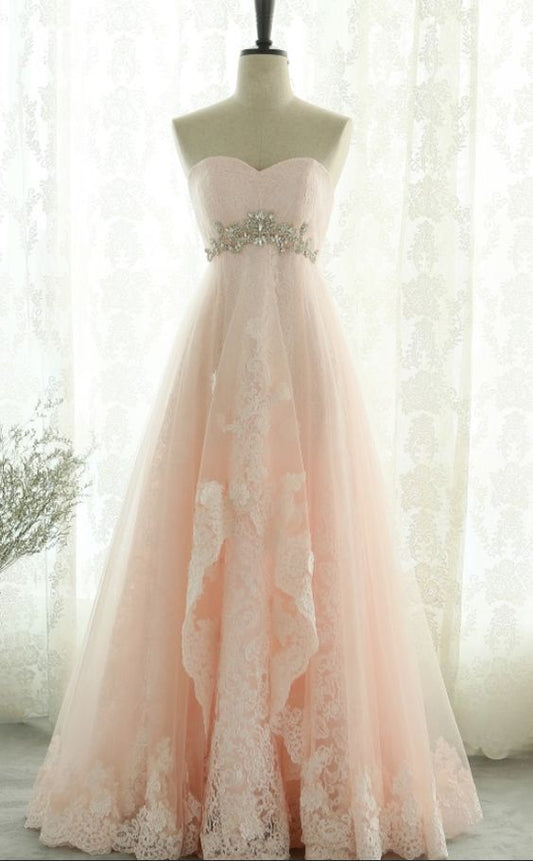 Pink Sweetheart Beading Lace Tulle Lace Up Open Back A-Line Long Prom Dress, Prom Dresses  cg6082