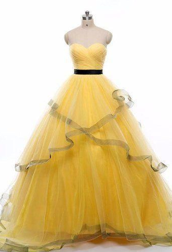 Sweetheart neck yellow tulle long ruffles evening dress, long strapless spring prom dress  cg6083