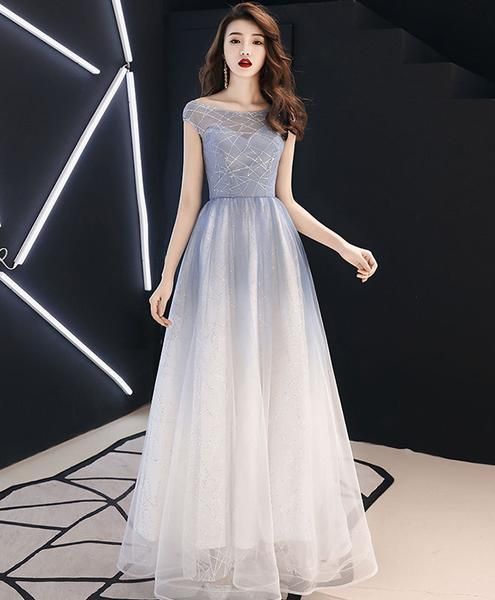 Blue round neck tulle long prom dress, blue tulle evening dress  cg6117