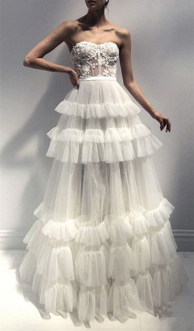 Lace Tulle Layered Wedding prom Dresses,Strapless Ball Gown for Bridal  cg6120