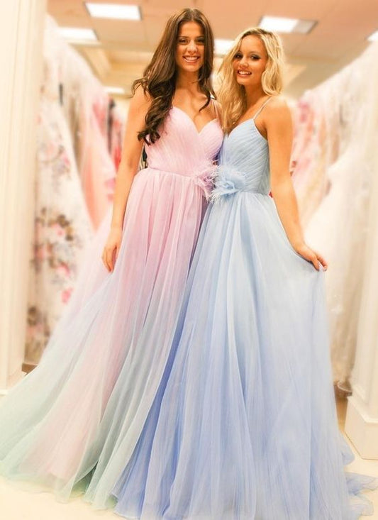 Spaghetti Strap Light Blue Tulle Prom Dress  cg6134