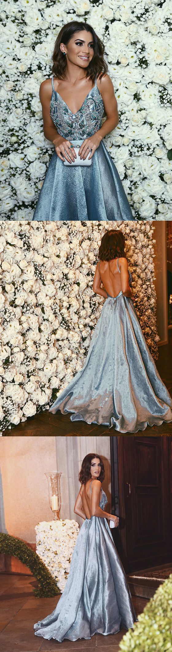 Luxurious A-line Straps Blue Formal Evening Dress,Sexy Backless Beaded Deep V Neckline prom dresses cg614
