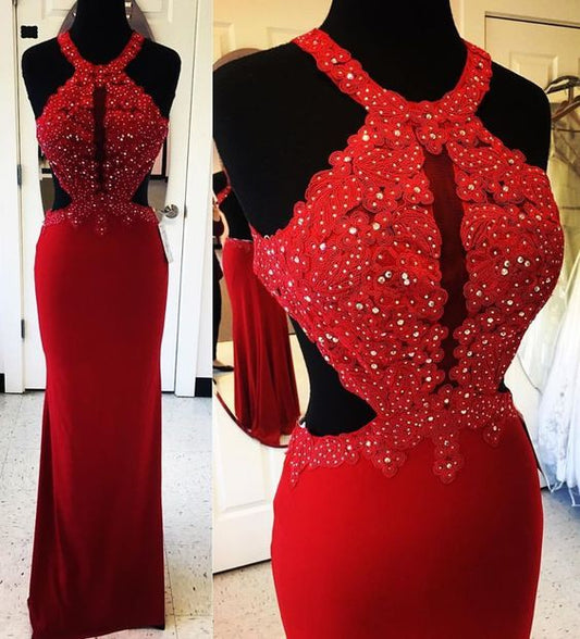 Red Chiffon Prom Dresses Mermaid Long Evening Dresses Beaded Formal Gowns   cg6149