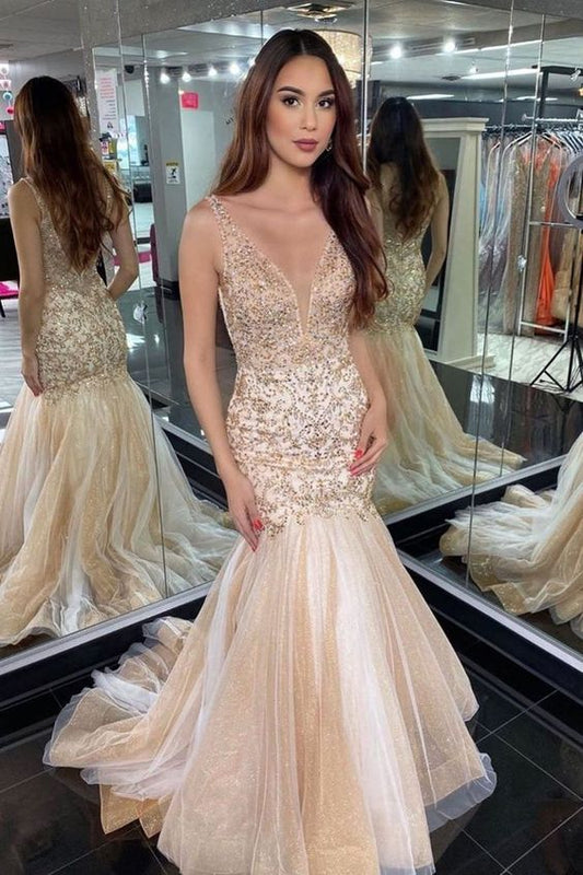 Gorgeous V Neck Mermaid Champagne Long Prom dress cg6154