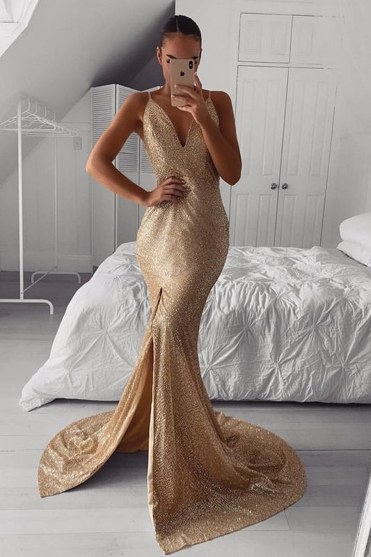 Sexy V-neck Mermaid Gold Evening Dresses Sequined Prom Dresses with Slit  cg6168