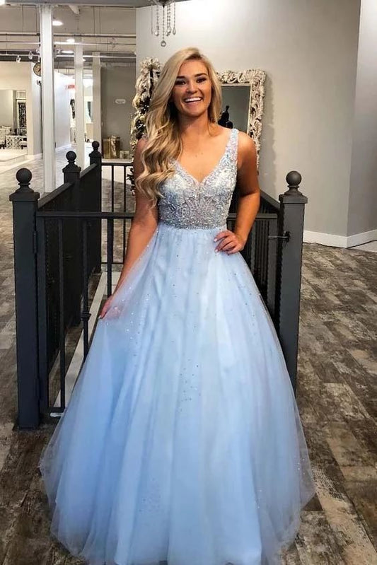 Light Sky Blue A-line Beading Prom Dresses  cg6184