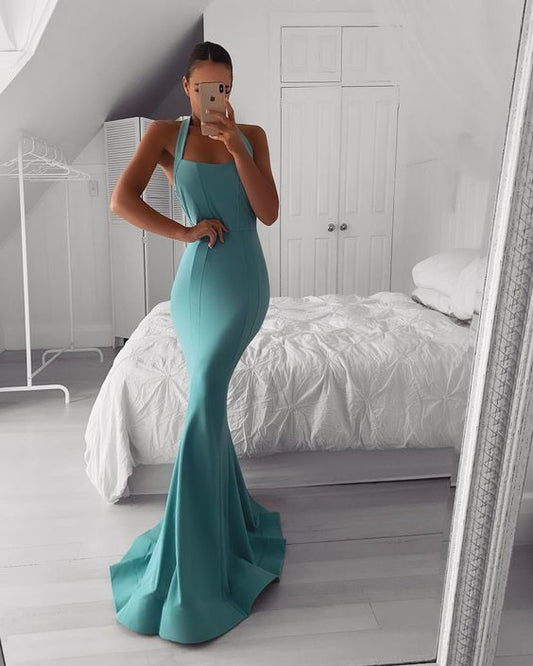 Teal Satin Halter Long Prom Dress, Simple Evening dress cg6191