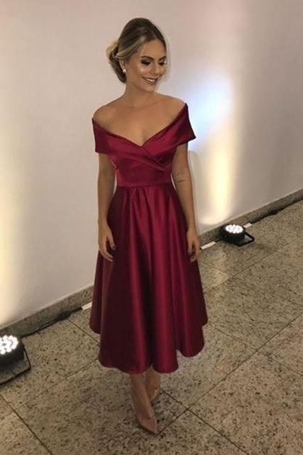 Burgundy Off The Shoulder Party Dress Tea Length prom Dress  cg6195